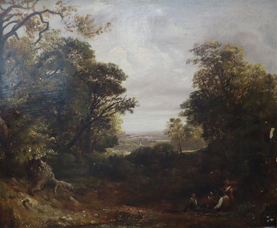 19th century English School, oil on canvas, Figures in a wooded landscape, 42 x 52cm
